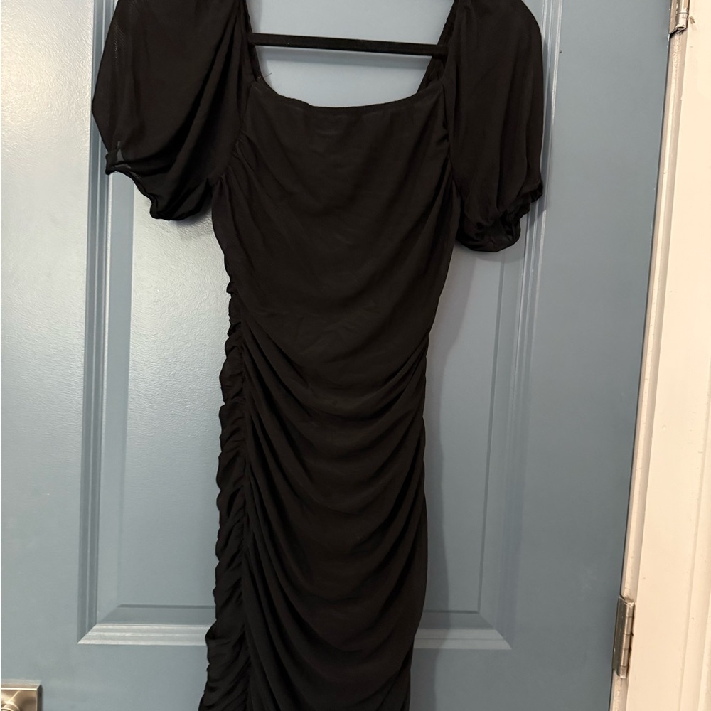 Elegant Black Square Neck Puff Sleeve Mini Dress